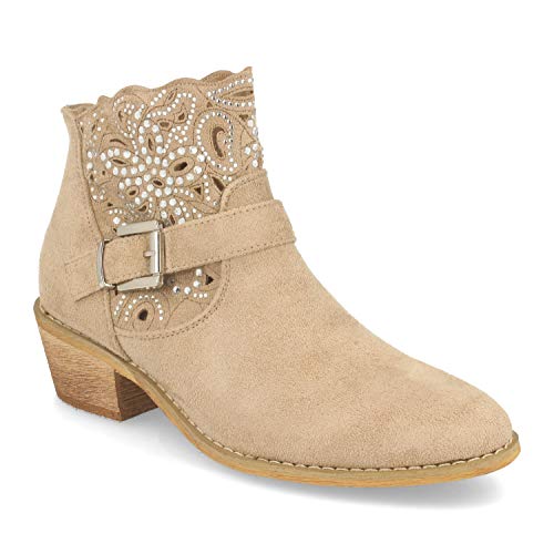 Botin de Mujer Estilo Campero-Cowboy, con Tacon, Hebilla y Decorado con Strass en Forma de Flor. Primavera Verano 2020. Talla 35 Beige