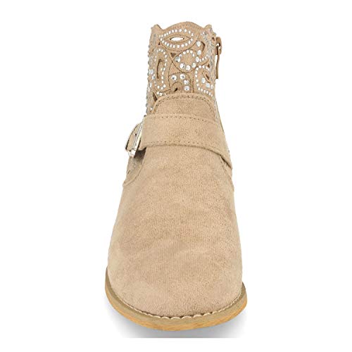 Botin de Mujer Estilo Campero-Cowboy, con Tacon, Hebilla y Decorado con Strass en Forma de Flor. Primavera Verano 2020. Talla 35 Beige