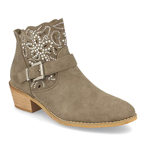 Botin de Mujer Estilo Campero-Cowboy, con Tacon, Hebilla y Decorado con Strass en Forma de Flor. Primavera Verano 2020. Talla 36 Verde