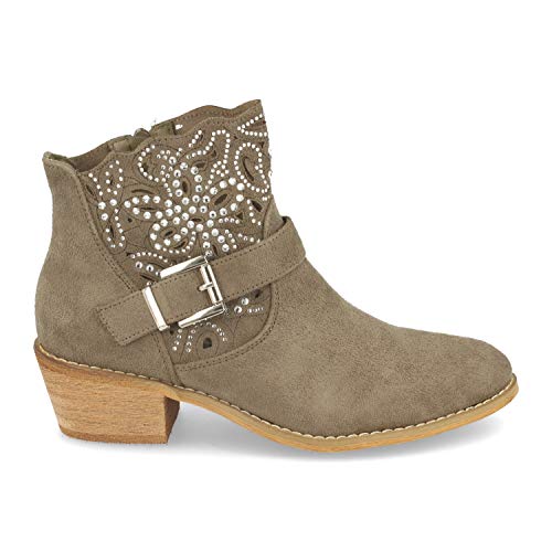 Botin de Mujer Estilo Campero-Cowboy, con Tacon, Hebilla y Decorado con Strass en Forma de Flor. Primavera Verano 2020. Talla 36 Verde