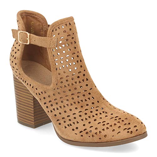 Botin Tobillero de Mujer con Tacon, Exterior Calado, Apertura Lateral y Hebilla. Botines Abiertos de Estilo Casual Ideales para Primavera-Verano. Talla 39 Camel