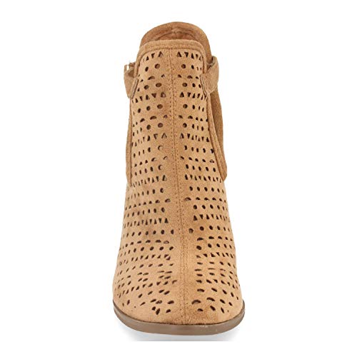 Botin Tobillero de Mujer con Tacon, Exterior Calado, Apertura Lateral y Hebilla. Botines Abiertos de Estilo Casual Ideales para Primavera-Verano. Talla 39 Camel