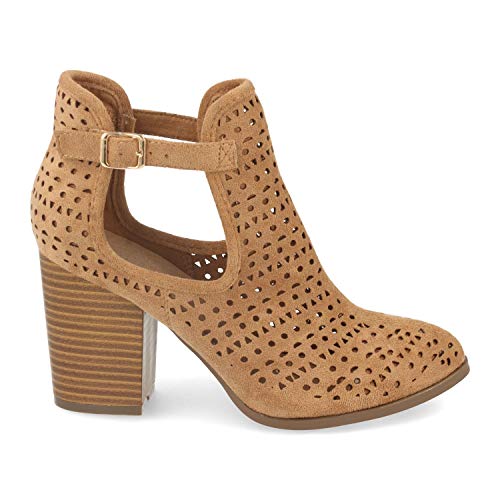 Botin Tobillero de Mujer con Tacon, Exterior Calado, Apertura Lateral y Hebilla. Botines Abiertos de Estilo Casual Ideales para Primavera-Verano. Talla 39 Camel