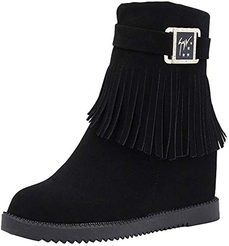 Botines cuña para Mujer Otoño Invierno 2018 Moda PAOLIAN Botas Militares Bajos Zapatos Vestir Talla Grande Señora Calzado de Cuero Dama Botas de Nieve Chukka clásicas Caliente con Fleco