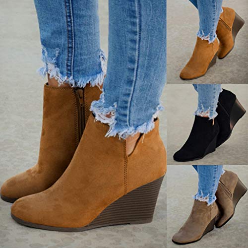 Botines de cuña Mujer Tacones altos Invierno POLP Botas de ante Casual Mujer Zapatos de Tacón de 8 cm Cabeza redonda Antideslizante Comodos Botines de Fiesta