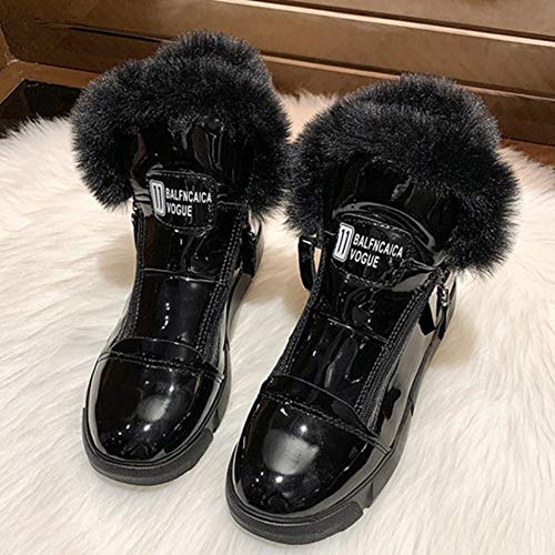 Botines de Mujer a la Moda de Charol Impermeable con Forro de Piel sintética con Cremallera Lateral Plana y Liviana Botas de Nieve de Invierno Informales