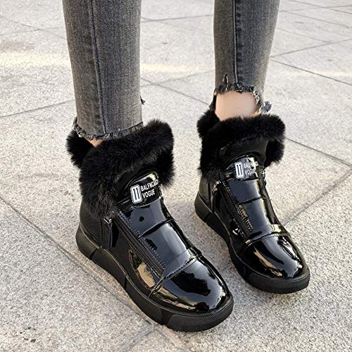 Botines de Mujer a la Moda de Charol Impermeable con Forro de Piel sintética con Cremallera Lateral Plana y Liviana Botas de Nieve de Invierno Informales