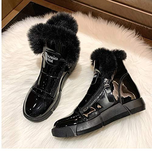 Botines de Mujer a la Moda de Charol Impermeable con Forro de Piel sintética con Cremallera Lateral Plana y Liviana Botas de Nieve de Invierno Informales