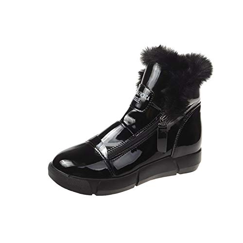 Botines de Mujer a la Moda de Charol Impermeable con Forro de Piel sintética con Cremallera Lateral Plana y Liviana Botas de Nieve de Invierno Informales