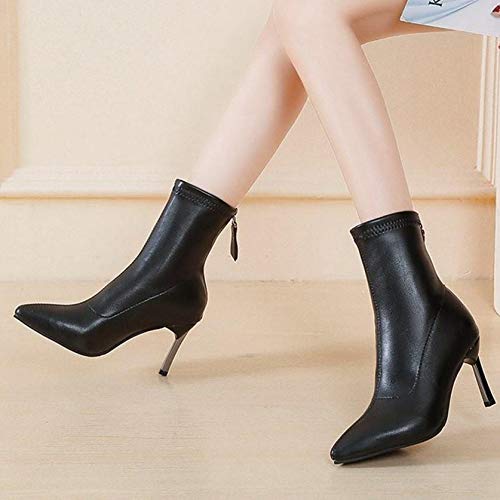 Botines de Punta Estrecha para Mujer Botines Altos de Moda con Cremallera Sexis Tacones Finos Botas de Media Pantorrilla para Mujer