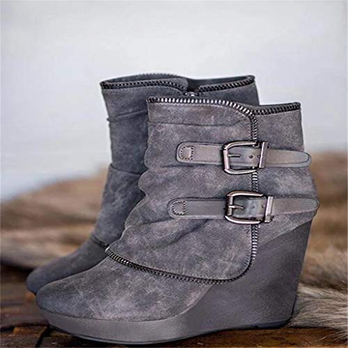 Botines Elegantes de Tacón y Hebilla Decorativa Mujer Otoño Invierno Calentar Piel Forro Botines Retro Cordones Mujer Botas Zapatos de Plataforma