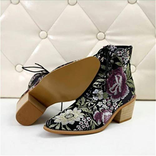 Botines Mujer Chelsea Botas Cuero Bajo Bloque Tacón Botas Invierno Retro Bohemio Nieve Botas Antideslizante Zapatos de Cordones