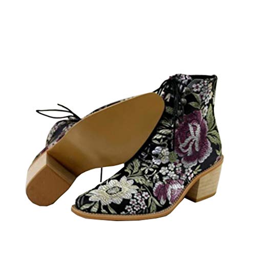 Botines Mujer Chelsea Botas Cuero Bajo Bloque Tacón Botas Invierno Retro Bohemio Nieve Botas Antideslizante Zapatos de Cordones