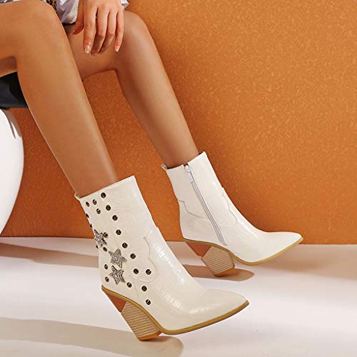 Botines para mujer, tallas grandes, con remaches, tacón muy alto, bajo tubo, a la moda, con puntas, diseño de piel de serpiente, color Blanco, talla 38 EU