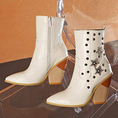 Botines para mujer, tallas grandes, con remaches, tacón muy alto, bajo tubo, a la moda, con puntas, diseño de piel de serpiente, color Blanco, talla 38 EU