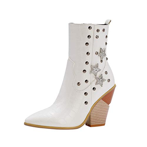 Botines para mujer, tallas grandes, con remaches, tacón muy alto, bajo tubo, a la moda, con puntas, diseño de piel de serpiente, color Blanco, talla 38 EU
