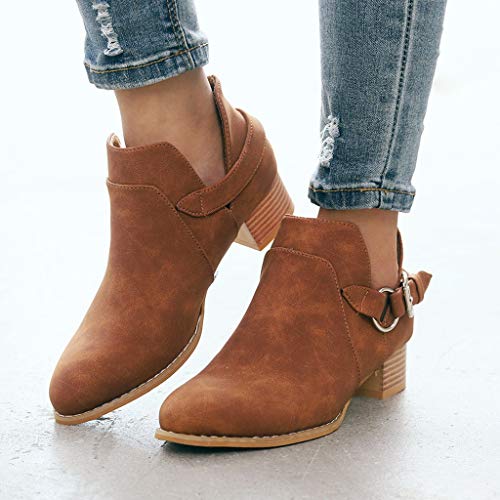 Botines Piel Mujer Otoño, Botines Hebillas Botas Bajos Clásico Zapatos Tacon Ancho Puntiagudos Botines Abiertos Fiesta Universidad Comodos Antideslizante(marrón,37.5)