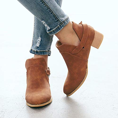 Botines Piel Mujer Otoño, Botines Hebillas Botas Bajos Clásico Zapatos Tacon Ancho Puntiagudos Botines Abiertos Fiesta Universidad Comodos Antideslizante(marrón,37.5)