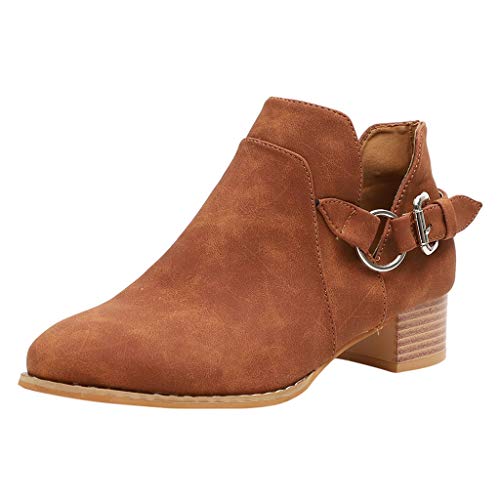 Botines Piel Mujer Otoño, Botines Hebillas Botas Bajos Clásico Zapatos Tacon Ancho Puntiagudos Botines Abiertos Fiesta Universidad Comodos Antideslizante(marrón,37.5)