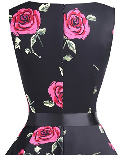 Bridesmay Vestido de Cóctel Fiesta Mujer Verano Años 50 Vintage Rockabilly Sin Mangas Pin Up Black Red Flower L