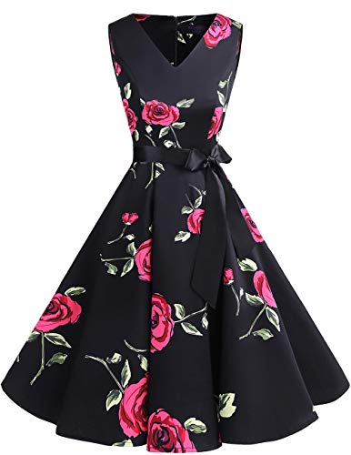 Bridesmay Vestido de Cóctel Fiesta Mujer Verano Años 50 Vintage Rockabilly Sin Mangas Pin Up Black Red Flower L