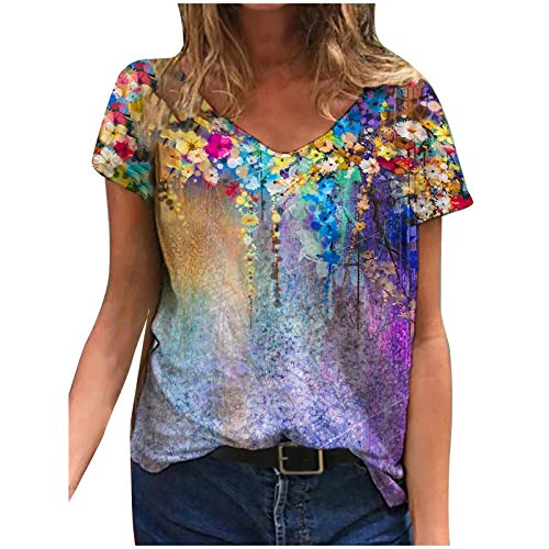 BuckerLer Sudadera para Mujer Cuello V Estampado Floral Sin Capucha , Casual Manga Corta Moda Sudadera Pullover Tops Blusa 2021 (Púrpura, L)