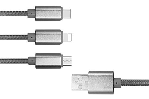 CABBRIX 3en1 Multi Cable Plata 1,5m Micro USB/Phone/USB Tipo C Compatible con iPhone Samsung Kindle