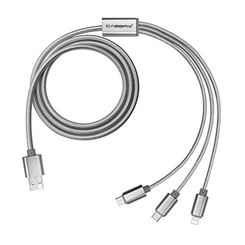 CABBRIX 3en1 Multi Cable Plata 1,5m Micro USB/Phone/USB Tipo C Compatible con iPhone Samsung Kindle