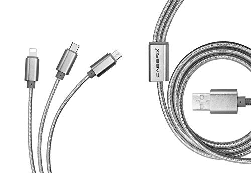 CABBRIX 3en1 Multi Cable Plata 1,5m Micro USB/Phone/USB Tipo C Compatible con iPhone Samsung Kindle