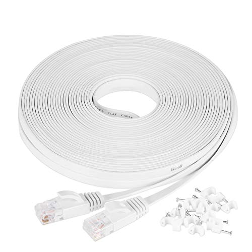 Cable Ethernet de 30 m Cat6 blanco plano de red con clips de cable – Ikerall RJ45 cable de Internet plano de alta velocidad 30 metros (compatible con Cat5e Cat5)