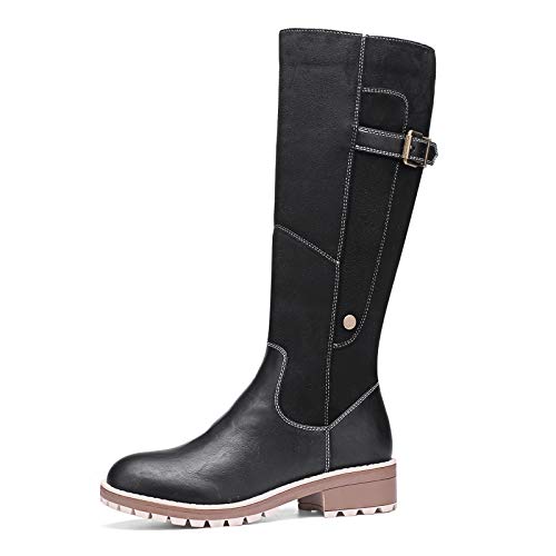 Camfosy Botas para mujer Botas de invierno hasta la rodilla Botas altas con forro de piel Zapatos cálidos de tacón bajo Botas largas para la nieve Calzado informal retro Negro Marrón Gris Black