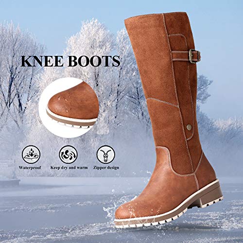 Camfosy Botas para mujer Botas de invierno hasta la rodilla Botas altas con forro de piel Zapatos cálidos de tacón bajo Botas largas para la nieve Calzado informal retro Negro Marrón Gris Brown