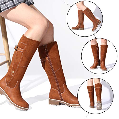 Camfosy Botas para mujer Botas de invierno hasta la rodilla Botas altas con forro de piel Zapatos cálidos de tacón bajo Botas largas para la nieve Calzado informal retro Negro Marrón Gris Brown