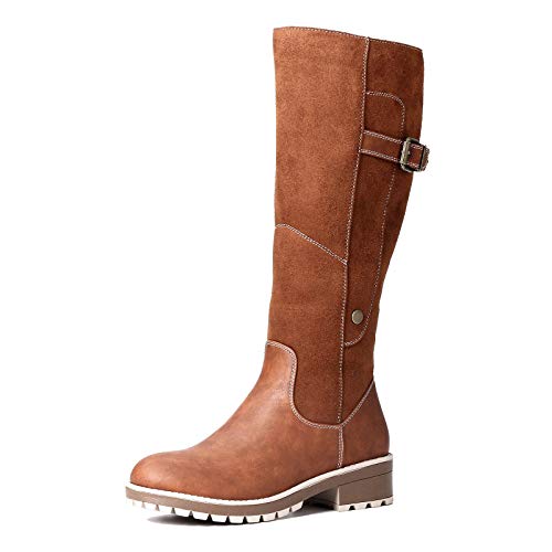 Camfosy Botas para mujer Botas de invierno hasta la rodilla Botas altas con forro de piel Zapatos cálidos de tacón bajo Botas largas para la nieve Calzado informal retro Negro Marrón Gris Brown