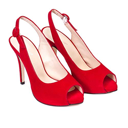 Camila - Sandalias Destalonadas Rojas de Vestir para Mujer en Piel - Punta Peep Toe - Tacon Alto Fino Aguja 10 cm - Plataforma 1 cm - Zapatos Fiesta Elegantes Verano - Rojo - Rojo 37 EU