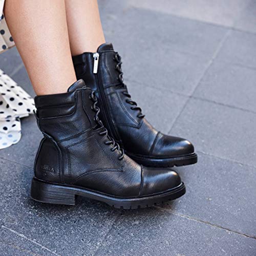 CARMELA - Botín Militar de Piel para Mujer - Cierre con Cremallera - Color Negro