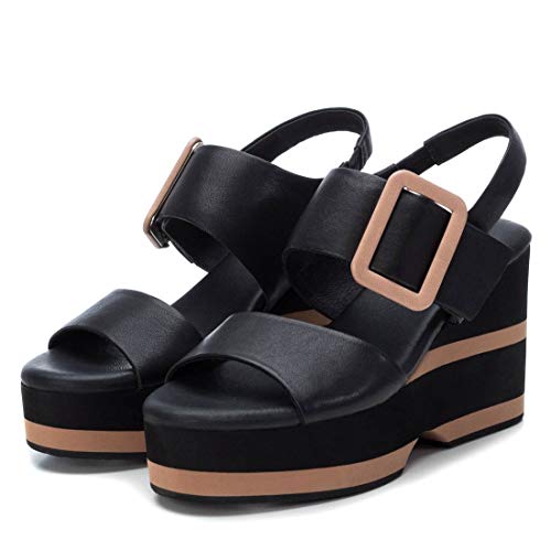 CARMELA - Sandalia de Cuña para Mujer - Sandalia con Tira y Cierre de Hebilla - Tacón 10 cm - Color Negro - Talla 37