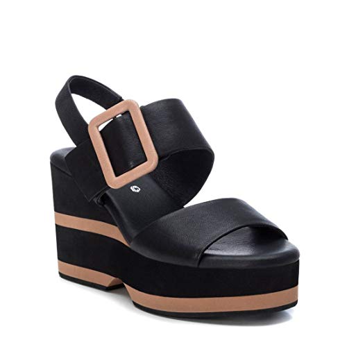 CARMELA - Sandalia de Cuña para Mujer - Sandalia con Tira y Cierre de Hebilla - Tacón 10 cm - Color Negro - Talla 37