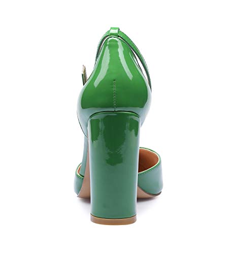CASTAMERE Mujer Correa de Tobillo Sandalias Ancho Tacón Puntiagudas Zapatos de Tacón 10CM Verde Charol Zapatos EU 40
