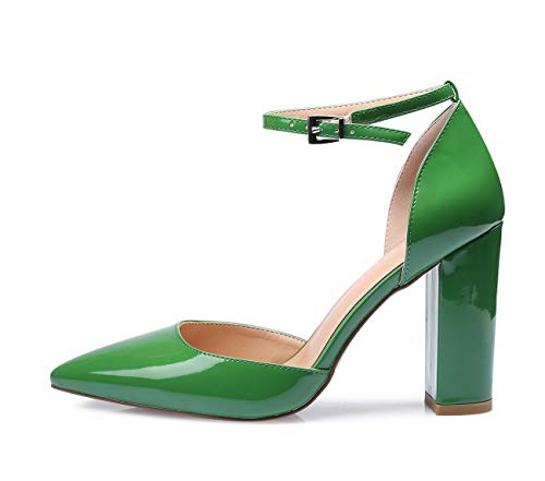 CASTAMERE Mujer Correa de Tobillo Sandalias Ancho Tacón Puntiagudas Zapatos de Tacón 10CM Verde Charol Zapatos EU 40