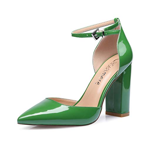 CASTAMERE Mujer Correa de Tobillo Sandalias Ancho Tacón Puntiagudas Zapatos de Tacón 10CM Verde Charol Zapatos EU 40