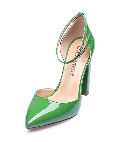 CASTAMERE Mujer Correa de Tobillo Sandalias Ancho Tacón Puntiagudas Zapatos de Tacón 10CM Verde Charol Zapatos EU 40