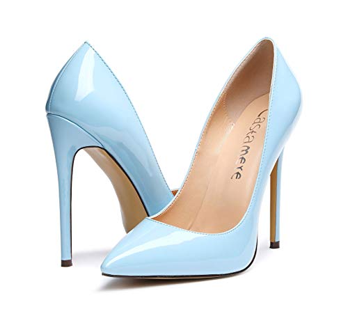 CASTAMERE Zapatos de Tacón Puntiagudas Mujer Tacón de Aguja 12CM Alto Tacón Azul Claro Charol Zapatos EU 36