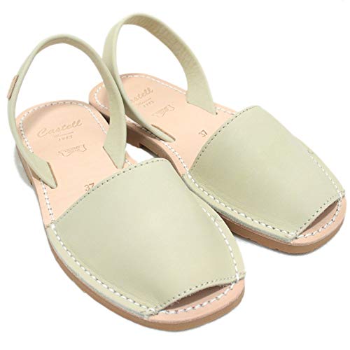 Castell 1097 - Avarcas Ibicencas Menorquinas Típicas Abiertas Planas Lisas en Color Natural Beig, Blanco y Azul Marino - 38, Beige