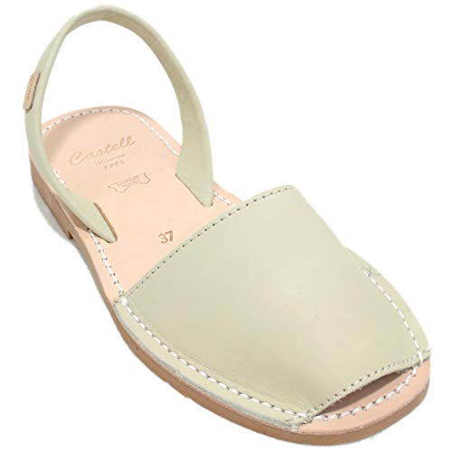 Castell 1097 - Avarcas Ibicencas Menorquinas Típicas Abiertas Planas Lisas en Color Natural Beig, Blanco y Azul Marino - 38, Beige