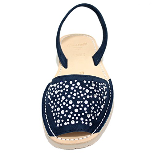 Castell 1898 - Avarcas Menorquinas Mujer Planas Abiertas de Color Azul Marino con Brillantes - Azul Marino, 39