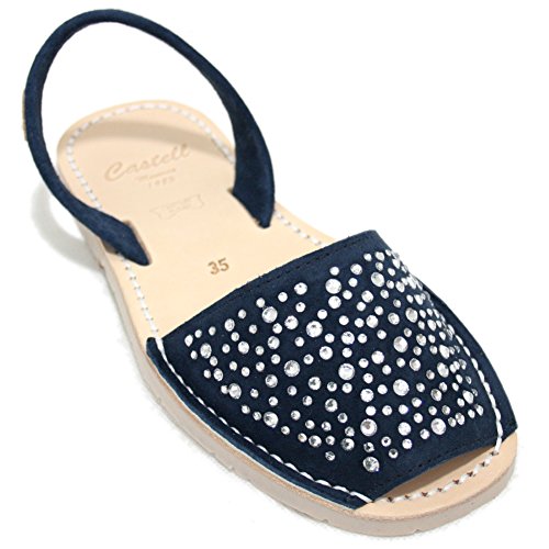 Castell 1898 - Avarcas Menorquinas Mujer Planas Abiertas de Color Azul Marino con Brillantes - Azul Marino, 39