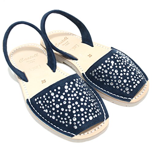 Castell 1898 - Avarcas Menorquinas Mujer Planas Abiertas de Color Azul Marino con Brillantes - Azul Marino, 39