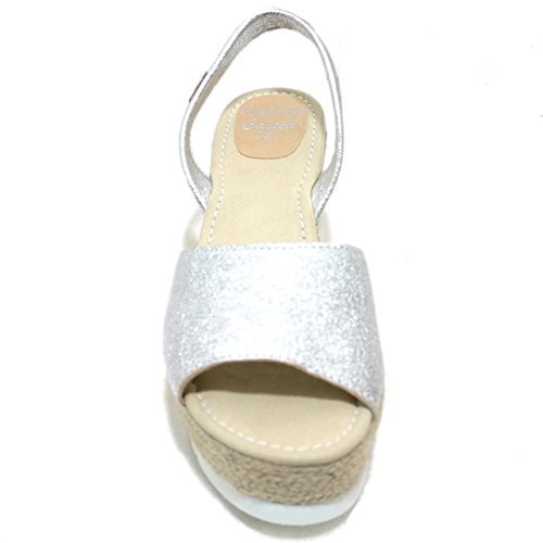 Castell 1910 Vico - Avarcas Menorquinas Mujer Abiertas con Plataforma y Cuña de Esparto de Color Plata - Plata, 39