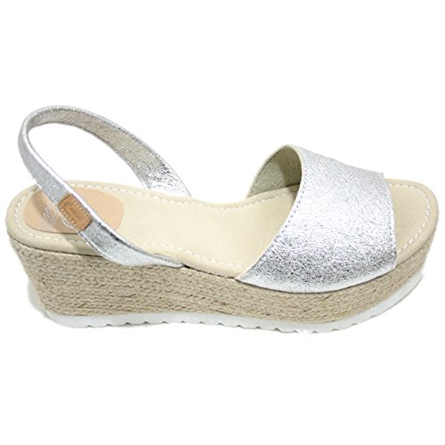 Castell 1910 Vico - Avarcas Menorquinas Mujer Abiertas con Plataforma y Cuña de Esparto de Color Plata - Plata, 39